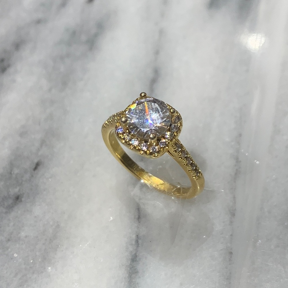 Gold Halo CZ Engagement Ring - Elegant Women's Ring